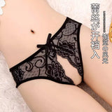 Crotchless Women's Lingerie Bowknot Underwear, Sexy Lace Thong Temptation Sheer Lingerie